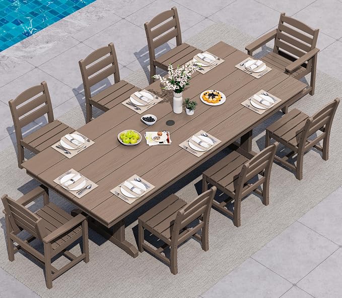 SERWALL 9 Piece 84" HDPE Outdoor Dining Set with 6 Armless Chairs, 2 Armchairs and Umbrella Hole for 8, Brown