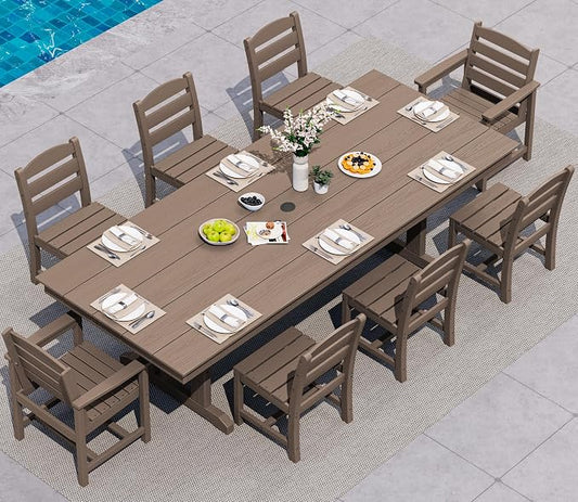 SERWALL 9 Piece 84" HDPE Outdoor Dining Set with 6 Armless Chairs, 2 Armchairs and Umbrella Hole for 8, Brown