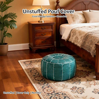 Thgonwid Unstuffed Moroccan Storage Pouf Foot Stool Ottoman Seat Handmade Faux Leather Bean Bag Floor Chair Foot Rest for Living Room, Bedroom or Balcony (Teal Blue)
