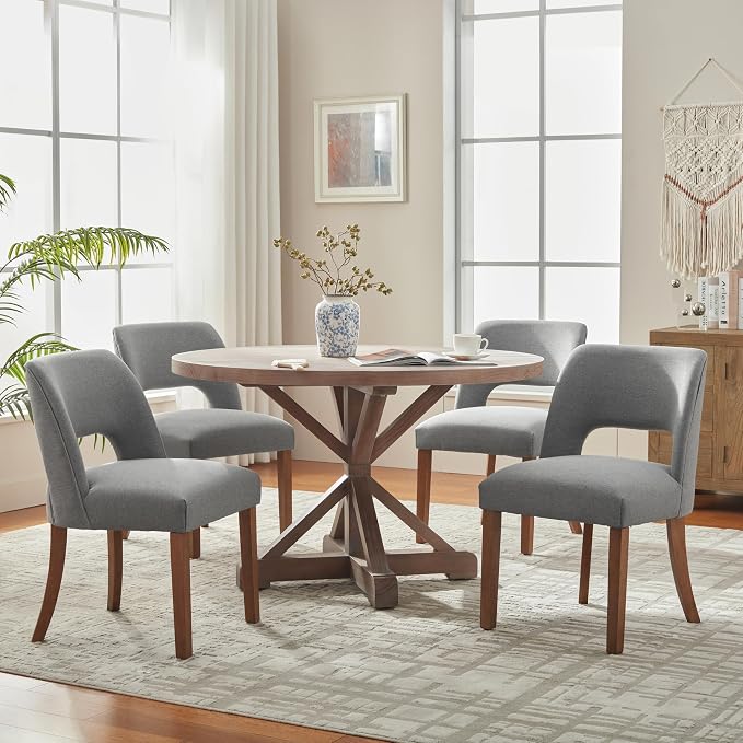 VKNOW Wooden Dining Chairs Set of 4, Modern Fabric Upholstered Dining Room Chair Kitchen Chairs, Farmhouse Dinner Chair for Kitchen Dining Room, Fabric Grey