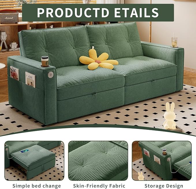 73.2'' Futon Sofa Bed Full Size, Pre-Assembled Pull Out Couch, Adjustable Backrest, Corduroy Convertible Sleeper Sofa, 2 Cup Holders, Pockets, USB, Loveseat for Living Room, Apartment, Green | Soft Material