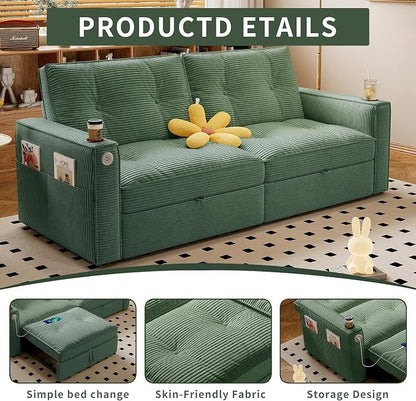 73.2'' Futon Sofa Bed Full Size, Pre-Assembled Pull Out Couch, Adjustable Backrest, Corduroy Convertible Sleeper Sofa, 2 Cup Holders, Pockets, USB, Loveseat for Living Room, Apartment, Green | Soft Material