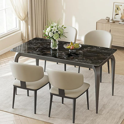55" Black Rectangular Sintered Stone Dinner Table | Fits Modern and Farmhouse Style for Indoor,Outdoor,Kitchen,Apartment,Small Space,Picnic Use，Household Dinner Table