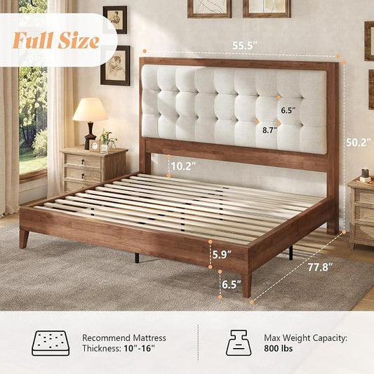 AMERLIFE Full Size Bed Frame with Headboard, Solid Wooden Bed Frame Full Size Platform Bed Frame Mid-Century Style, No Box Spring Required, Walnut