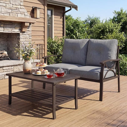 FansaFurn 2-Pieces Outdoor Patio Furniture Set, Outdoor Metal Sectional Furniture with Cushions, Outdoor Conversation Set with Coffee Table for Deck, Backyard, Garden, Balcony, Grey