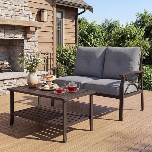 FansaFurn 2-Pieces Outdoor Patio Furniture Set, Outdoor Metal Sectional Furniture with Cushions, Outdoor Conversation Set with Coffee Table for Deck, Backyard, Garden, Balcony, Grey