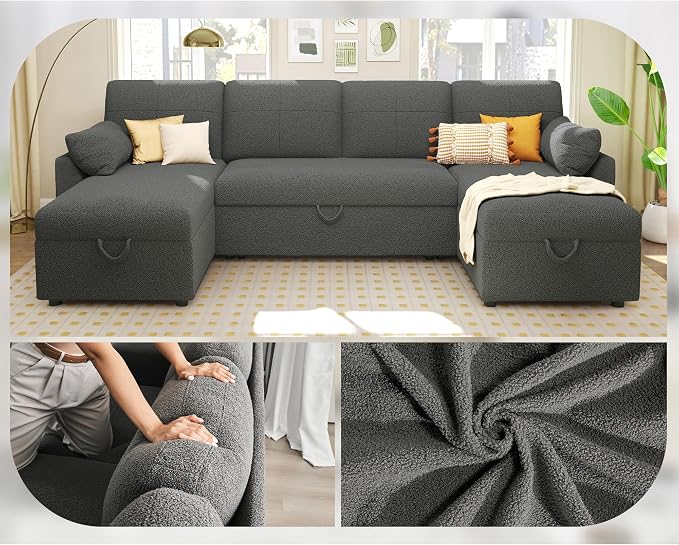 PaPaJet 110 Inch Sleeper Sofa, Oversized Pull Out Couch with Double Storage Chaise，U Shape Couches for Living Room-Dark Gray Boucle