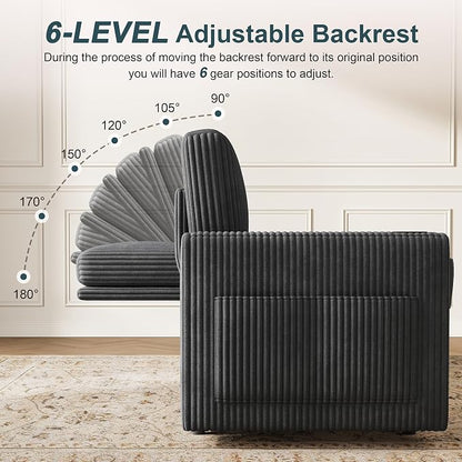 Sectional Sleeper Sofa with Pull Out Bed, Plush Corduroy Sectional Sofa with Storage Chaise and Adjustable Backrest, Cloud Sectional Couches for Living Room, Apartment, Dark Grey