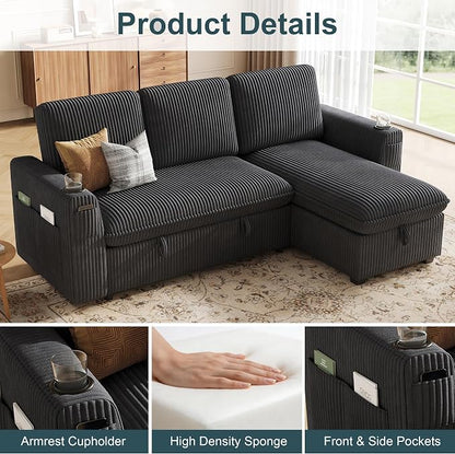 Sectional Sleeper Sofa with Pull Out Bed, Plush Corduroy Sectional Sofa with Storage Chaise and Adjustable Backrest, Cloud Sectional Couches for Living Room, Apartment, Dark Grey