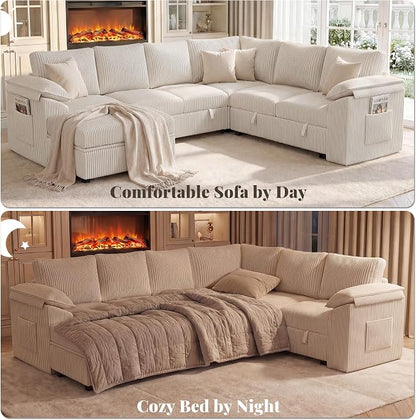 108 Inch Sectional Sleeper Sofa Bed with Pull Out Couch, U Shaped 7 Seat Cloud Modular Sectional Sofa with Storage, Corduroy Sectional Couches for Living Room, Removable Sofa Cover, Beige