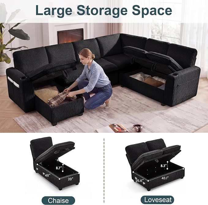 Sectional Sleeper Sofa with Pull Out Bed, Plush Corduroy 7 Seat Modular Sectional Sofa with Storage Chaise and Adjustable Backrest, Cloud Couches for Living Room, Apartment, Black