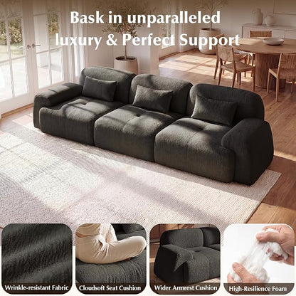 118'' Modular Sectional Cloud Couch Boneless Couches, Oversize Curved Sectional Couches for Living Room, Deep Seat Couch Lambswool Sofa with Ottoman & Throw Pillows, No Assembly, HR Foam