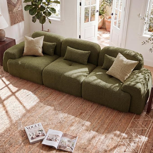 118'' Modular Sectional Cloud Couch Boneless Couches, Oversize Curved Sectional Couches for Living Room, Deep Seat Couch Lambswool Sofa with Ottoman & Throw Pillows, No Assembly, HR Foam