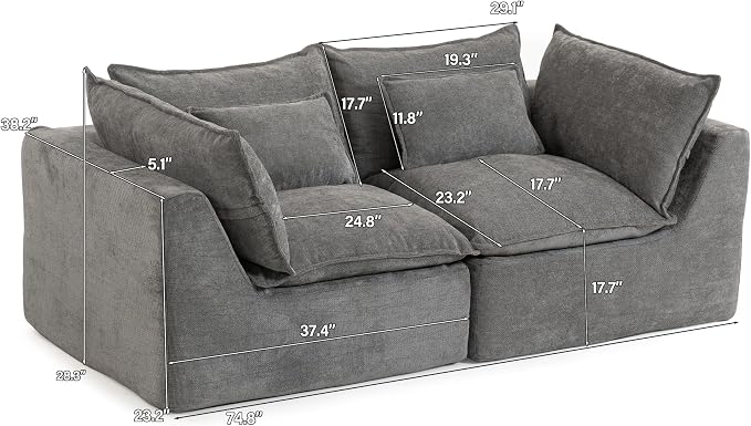 Boneless Couch Sectional Sofas Cloud Couches for Living Room | Loveseat Modern Modular Cloud Sofa with Pillows for Bedroom
