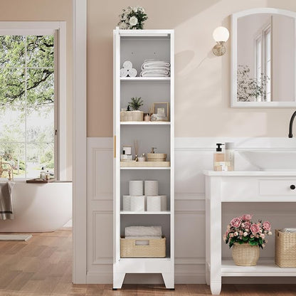 67“H Narrow Pantry Cabinet,Tall Skinny Pantry Storage Cabinet with Adjustable Shelves,Metal Narrow Kitchen Storage Cabinet,Slim and Thin Pantry Cabinets for Living Room Dining Room, White