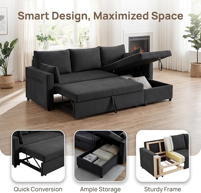 Queen Sleeper Sofa, Convertible Sofa Bed with Storage, 85 Inch Sectional Couch with Pull Out Bed, L Shaped 3 Seat Sectional Sleeper Sofa for Living Room, Apartment, Black