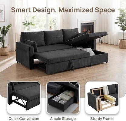 Queen Sleeper Sofa, Convertible Sofa Bed with Storage, 85 Inch Sectional Couch with Pull Out Bed, L Shaped 3 Seat Sectional Sleeper Sofa for Living Room, Apartment, Black