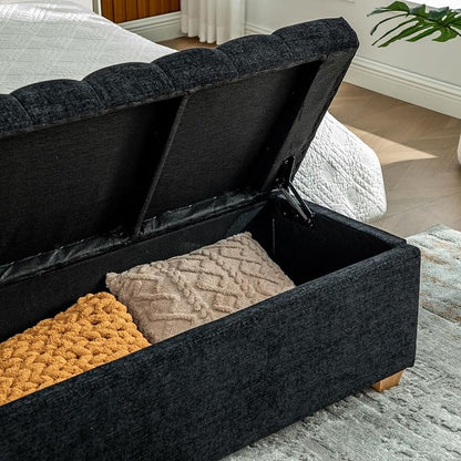 60.2" Storage Bench, End of Bed Storage Benches, Chenille Fabric Upholstered Ottoman Bench with Safety Hinge for Living Room Entryway Bedroom Hallway