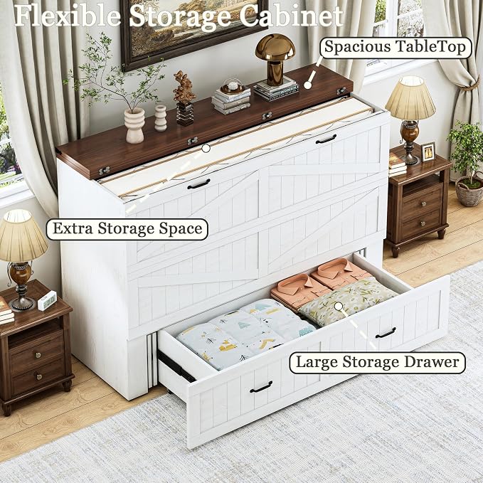 Full Murphy Bed with Storage & Charging Station, Farmhouse Murphy Cabinet Bed with Large Drawer, Hideaway Foldable Platform Bed for for Guest Room, Bedroom, Home Office, Mattress Not Included, White