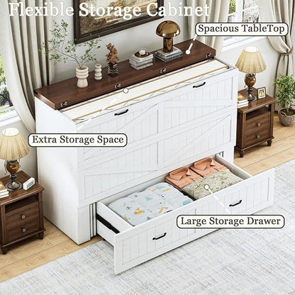 Full Murphy Bed with Storage & Charging Station, Farmhouse Murphy Cabinet Bed with Large Drawer, Hideaway Foldable Platform Bed for for Guest Room, Bedroom, Home Office, Mattress Not Included, White