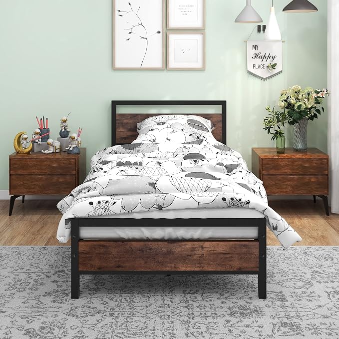 BOFENG Twin Size Bed Frame with Vintage Wood Headboard Farmhouse Bed,Heavy Duty Metal Platform Single Bed Frames No Box Spring Needed,Firm Mattress Foundation Steel Slat Support Easy Assembly(Brown)