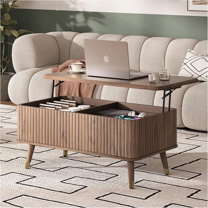 Lift Top Coffee Table with Storage, Mid Century Modern Coffee Table with Solid Wood Legs, 38" Minimalist Fluted Center Table for Living Room, Home Office, Walnut