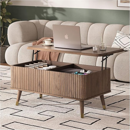 Lift Top Coffee Table with Storage, Mid Century Modern Coffee Table with Solid Wood Legs, 38" Minimalist Fluted Center Table for Living Room, Home Office, Walnut