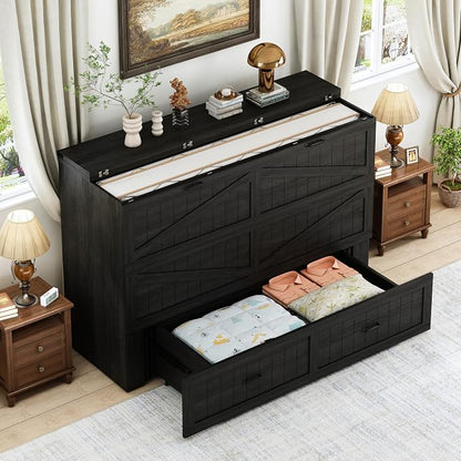 Queen Murphy Bed with Storage & Charging Station, Farmhouse Murphy Cabinet Bed with Large Drawer, Hideaway Foldable Platform Bed for for Guest Room, Bedroom, Home Office, Mattress Not Included, Black