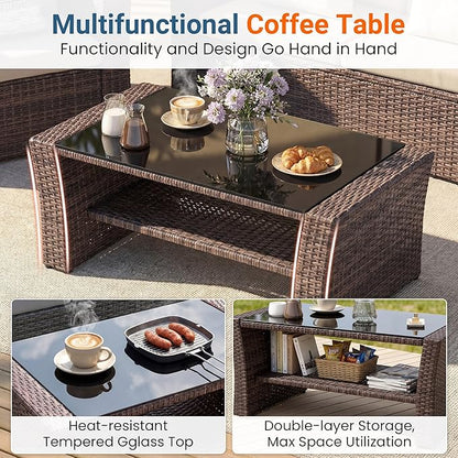 Wisteria Lane 4 Piece Patio Furniture Set, Wicker Outdoor Patio Conversation Furniture Set, All Weather Outdoor Patio Sofa with Cushion and Wood Table, Brown and Beige