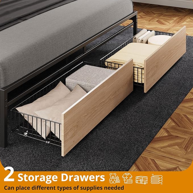 LIKIMIO California King Size Bed Frame with 2 Drawers and Charging Station | Platform Bed with Upholstered Storage Headboard, No Box Spring Needed, Easy Assembly, Sturdy, Wood and Cream