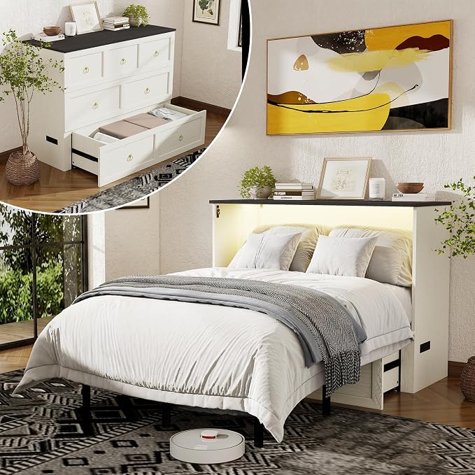Ihanherry Full Murphy Bed with Storage Drawer, Farmhouse Cabinet Bed with LED Lights & Charging Station, Space Saving Wall Bed for Small Bedroom/Home Office, Noise Free & Easy Assembly, Rustic White