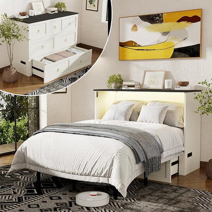 Ihanherry Full Murphy Bed with Storage Drawer, Farmhouse Cabinet Bed with LED Lights & Charging Station, Space Saving Wall Bed for Small Bedroom/Home Office, Noise Free & Easy Assembly, Rustic White