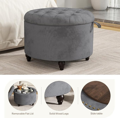 24 Inch Round Storage Ottoman,Modern Tufted Ottomans,Circular Coffee Table with Removable Top,Upholstered Large Ottoman with Storage Footrest Stool for Bedroom Living Room (Lightgrey)