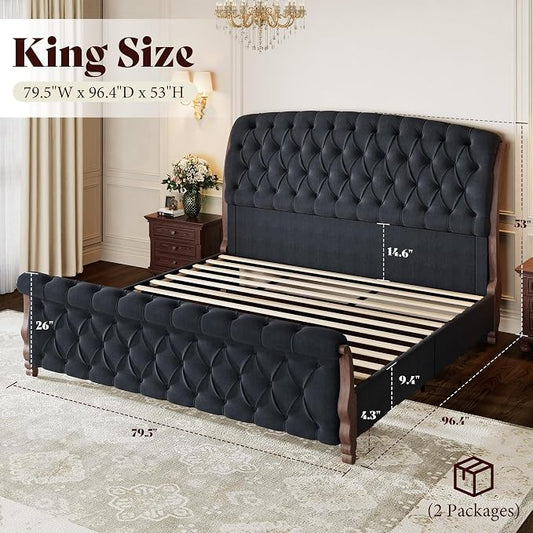 AMERLIFE Upholstered King Bed Frame, 53" Tall Sleigh Bed with Button Tufted Chenille Headboard and Footboard, Platform Bed with Carved Solid Wood Legs, No Box Spring Needed, Black