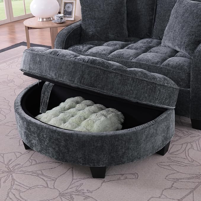 ERYE Chenille Tufted Loveseat Sofa and Ottoman Set, Tufted Recliner Sleeper Chaise Lounge with Curved Storage Ottoman,Reclining Backrest and Side Pockets, 4 Pillows