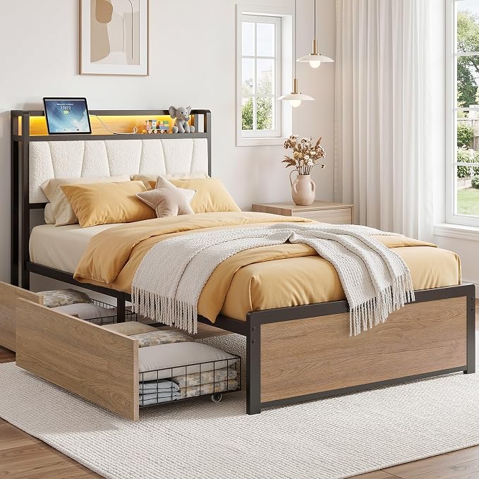 LIKIMIO Twin XL Bed Frame with 2 Storage Drawers, Charging Station & LED Lights, Twin XL Bed with Boucle Upholstered Headboard, Strong Metal Slats, No Box Spring Needed, Easy Assembly, Wood/Cream