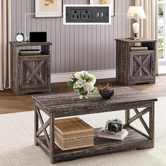 LUXOAK 3-Piece Farmhouse Living Room Table Sets, Includes 1 x Coffee Table, 2 x End Tables with Charging Station & USB Ports, Rustic Coffee Table Set of 3, Black Oak