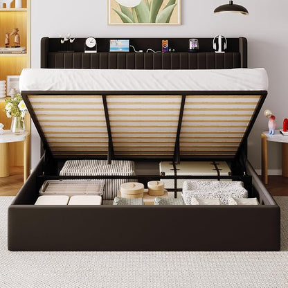 Allewie King Size Lift Up Storage Bed Frame,Storage Shelf Headboard with Charging Station,Type-C and USB Ports,Hydraulic Support,Velvet Upholstered Bed Frame,No Box Spring Needed,Black