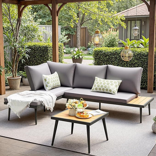 Devoko Patio Furniture Set,6 Pieces Outdoor Sectional Sofa with Cup Holder and 7.87in Wider Armrest, PE Wicker Backyard Couch Set with Coffee Table&Glass Tabletop for Deck, Porch