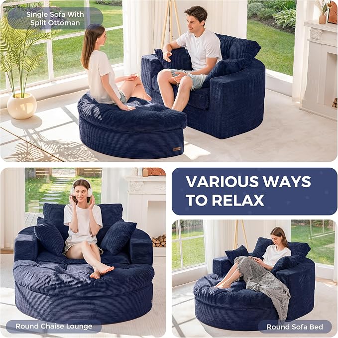 MAXYOYO L Shape Sectional Sofa Couch and Round Chaise Lounge, Modern Cloud Couch with Ottoman, Comfy Sofa with Layered Cushion, Tufted Upholstered Chair for Living Room, No Assembly Required