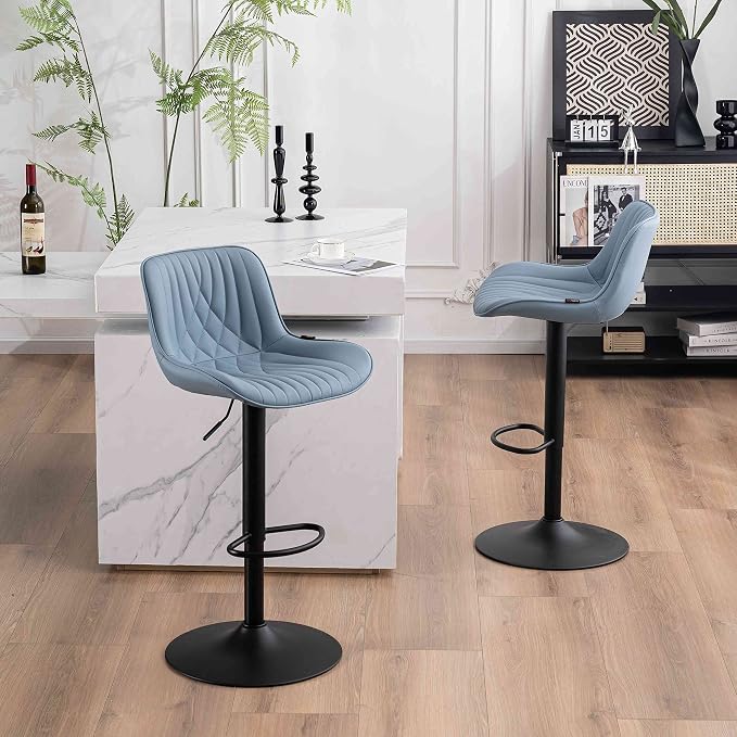 YOUTASTE Blue Bar Stools Set of 2 Adjustable Swivel Modern Barstools Luxury Upholstered Faux Leather Bar Stool Counter Height Metal Chairs with Back for Home Kitchen Island