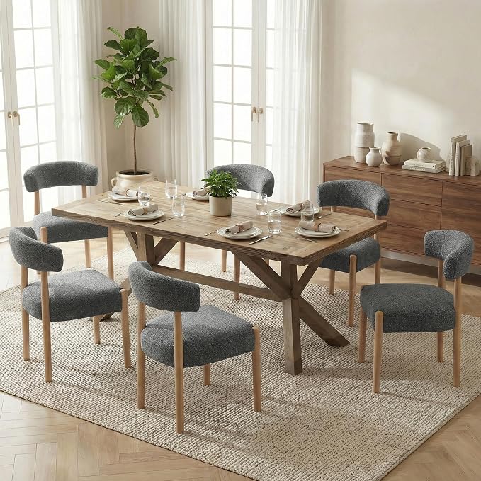 VKNOW Wooden Dining Chairs Set of 4 with Curved Open Back, Black | Natural Rubberwood Legs, Soft Chenille Fabric, Thickened Cushion, For Adults and Family, Dining Room, Kitchen, No Wobble