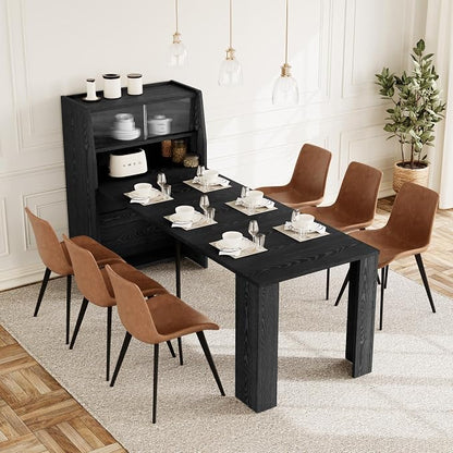 HIPIHOM 86.6" Extendable Kitchen Table Set for 6, Storage Cabinet | Space-saving Extendable MDF Dining Set with 6 Brown Chairs, Family Meal, Apartment, Small Room