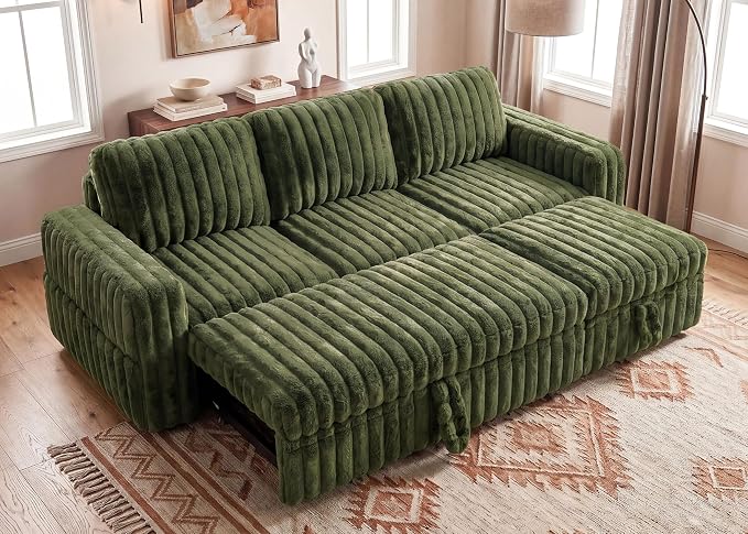 HONBAY Plush Corduroy Modular Sectional Sofa with Pull Out Bed L Shaped Sleeper Sofa with Storage Sectional Couches for Living Room,Plush Green