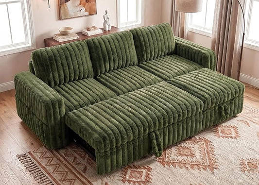 HONBAY Plush Corduroy Modular Sectional Sofa with Pull Out Bed L Shaped Sleeper Sofa with Storage Sectional Couches for Living Room,Plush Green