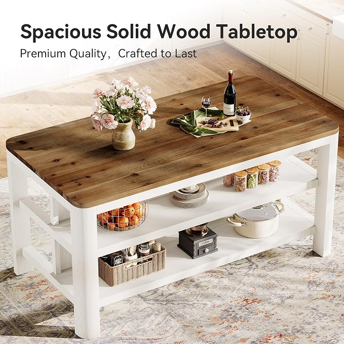 63-Inch Solid Wood Kitchen Island with Storage Shelves, Farmhouse Island Table with Seating, Counter Height Bar Table for Dining Room, Kitchen, Easy to Assemble, Brown and White