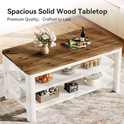 63-Inch Solid Wood Kitchen Island with Storage Shelves, Farmhouse Island Table with Seating, Counter Height Bar Table for Dining Room, Kitchen, Easy to Assemble, Brown and White