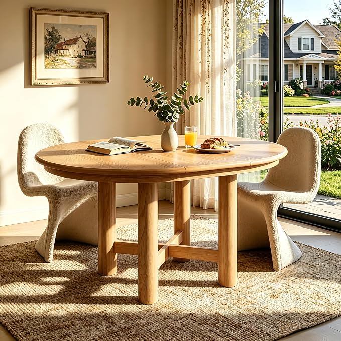 LUMISOL Extendable Round Dining Table for 4-6 People, 47”-63” Oval Kitchen Table with 16” Removable Leaf and Solid Wood Legs for Kitchen, Dining Room, Natural
