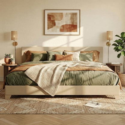 SHA CERLIN Linen Upholstered King Size Bed Frame with Headboard, Beige | Adjustable Low-Profile Platform Bed, Minimalist Design, Stable Mattress Foundation, Strong Back-Support, No Box Spring Needed