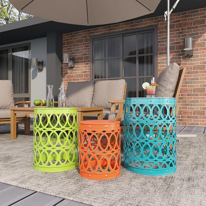 Deco 79 Metal Accent Table, 22", 18", 15"H, Matte Multi Colored | Small outdoor table style, set of 3 accent tables, outdoor end tables for patio, laser cut iron